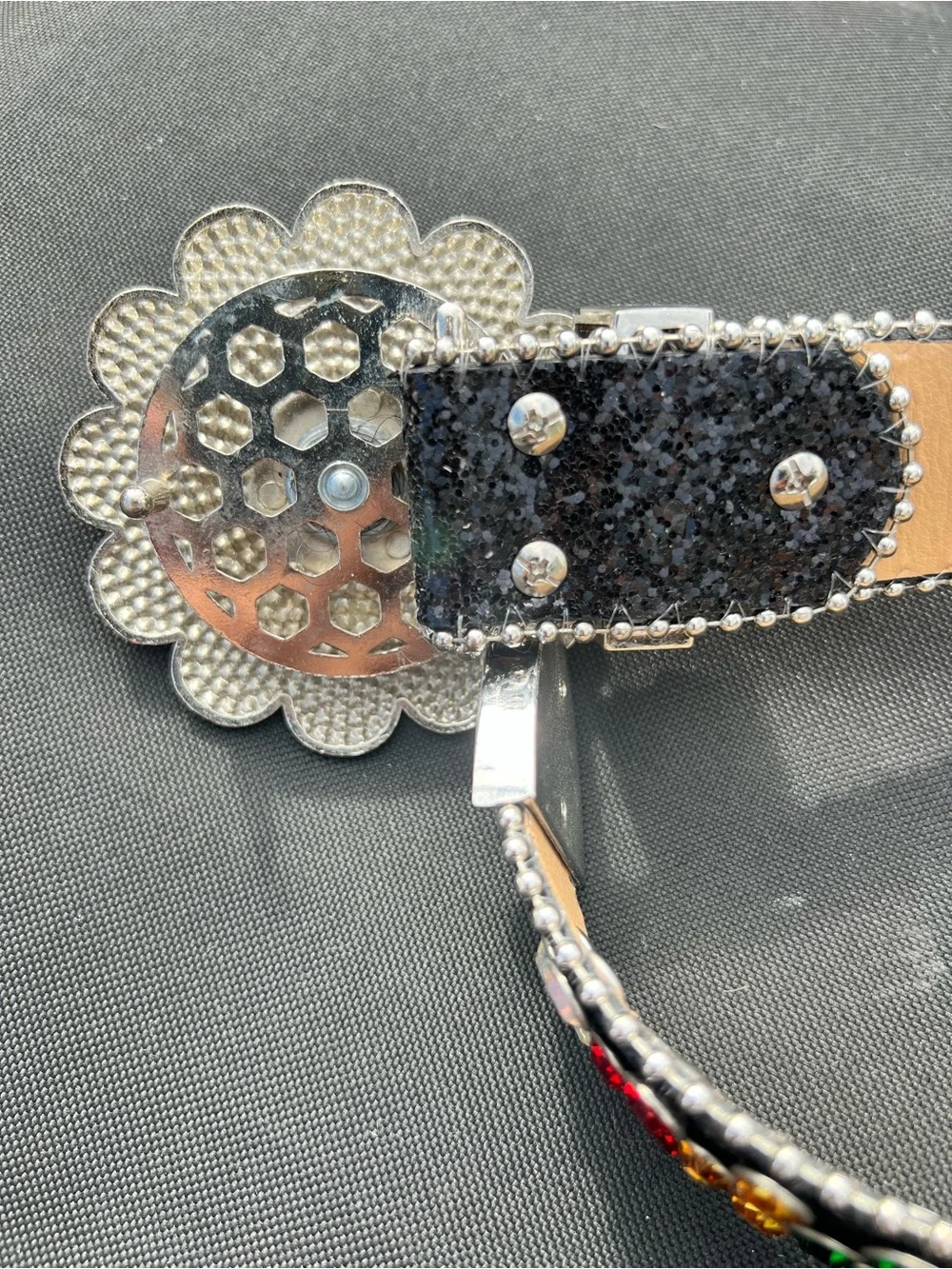 Y2K MURAKAMI FLOWER SILVER RHINESTONE GLITTER STUDDED BB BELT *1 Rhinestone Miss